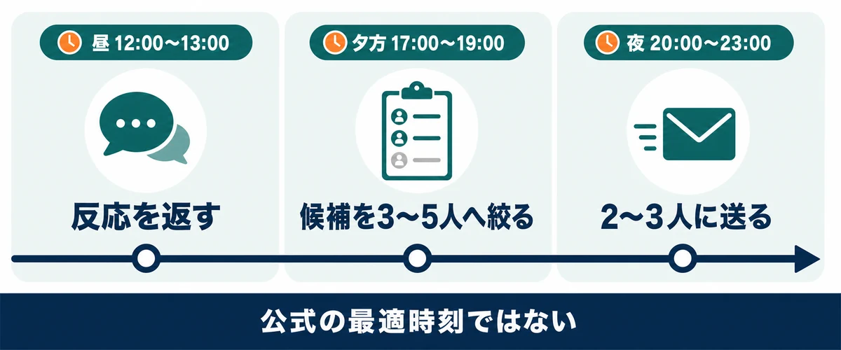 昼は反応確認、夕方は候補の準備、夜は2から3人へ送信と役割を分ける時間軸