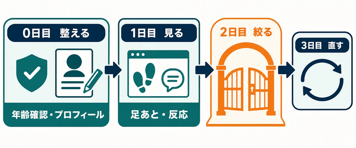 0日目に年齢確認とプロフィールを整え、1日目に反応を見て、2日目に相手を絞り、3日目に直す流れ