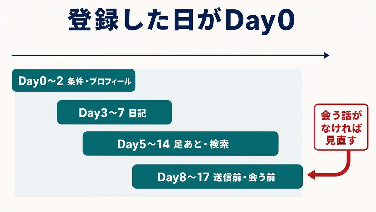 登録日をDay0にして17日間を利用条件、日記、探索、安全確認の4期間に分けた図