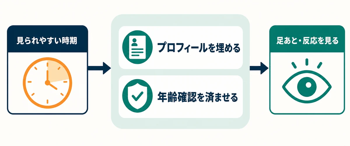 登録直後の見られやすい時期に、プロフィールと年齢確認を整えてから足あとや反応を見る流れ