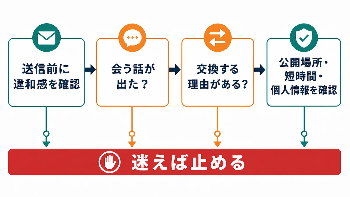 送信、LINE交換、会う前確認を別の判断に分け、迷えば止める図