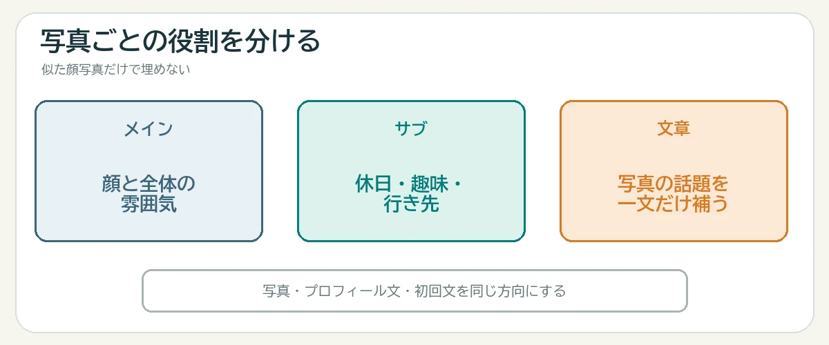 メイン写真で顔と雰囲気を見せサブ写真で休日や趣味を補い文章で話題を合わせる図