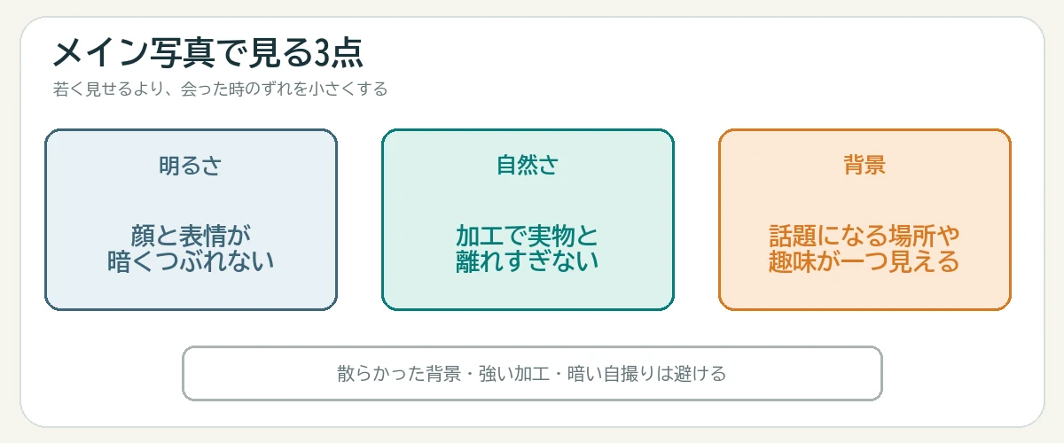 プロフィールのメイン写真で明るさと自然さと会話になる背景を見る三項目の図
