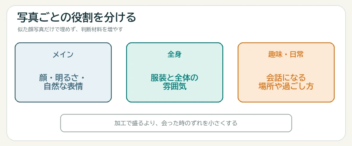 メイン写真と全身写真と趣味や日常の写真に役割を分ける図